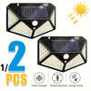 Two solar powered motion sensor wall lights are shown with icons indicating solar charging, human induction, and energy savin