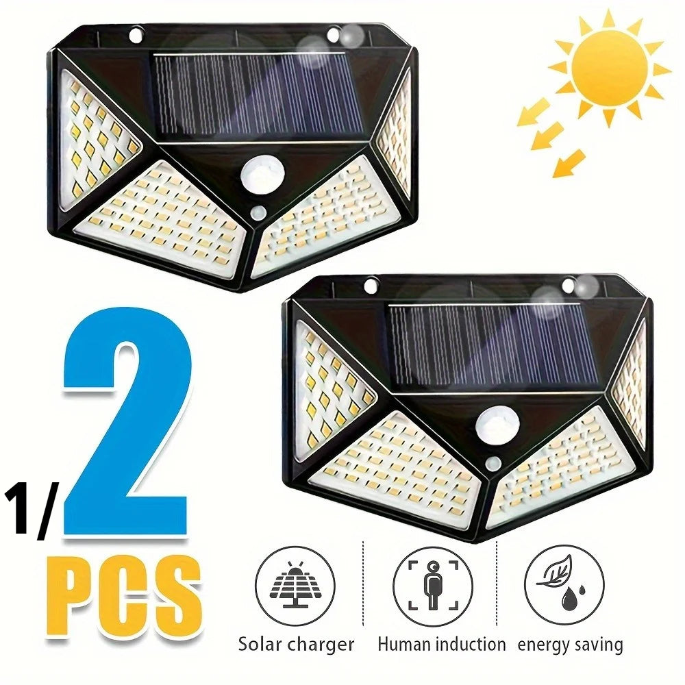 Two solar powered motion sensor wall lights are shown with icons indicating solar charging, human induction, and energy savin