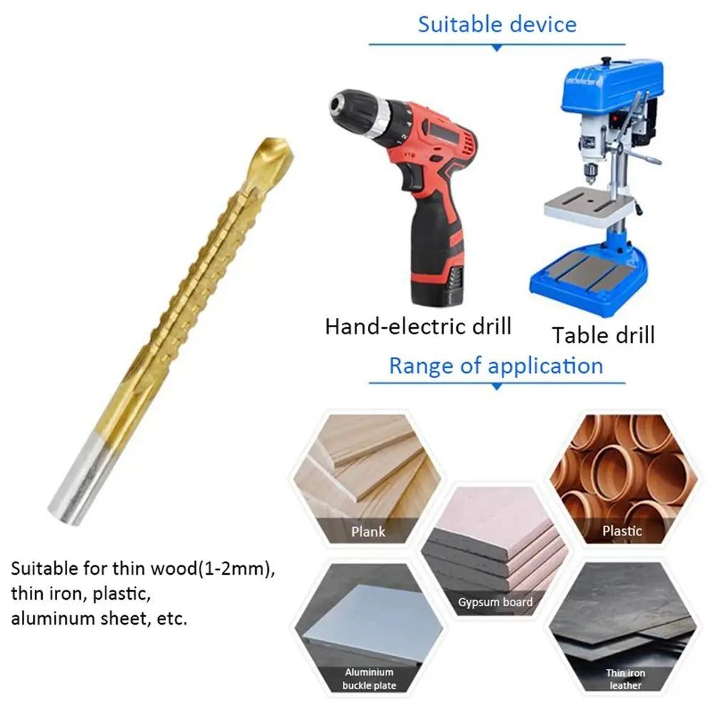 Hand-electric drill and table drill with various bits suitable for wood, iron, plastic, and aluminum sheets.