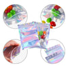 A collection of holographic rainbow self-sealing bags with clear windows displayed in various angles.