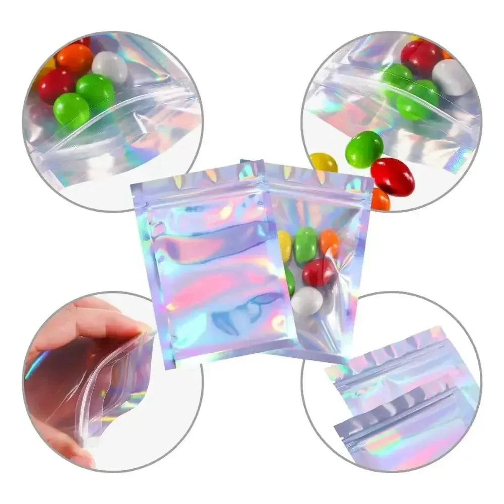 A collection of holographic rainbow self-sealing bags with clear windows displayed in various angles.