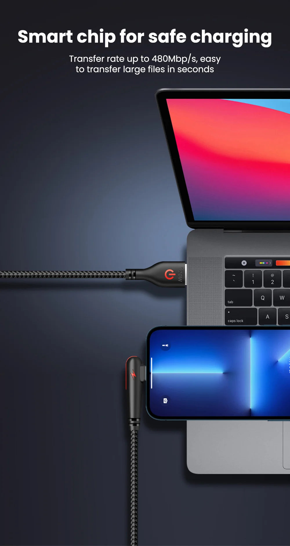 120W Fast Charging USB-C Cable with 90° Elbow Design