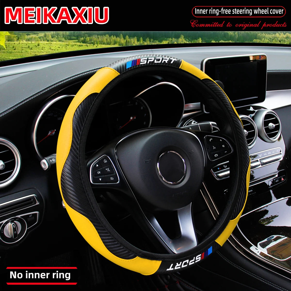 Yellow and black carbon fiber steering wheel cover for a car, shown inside the vehicle