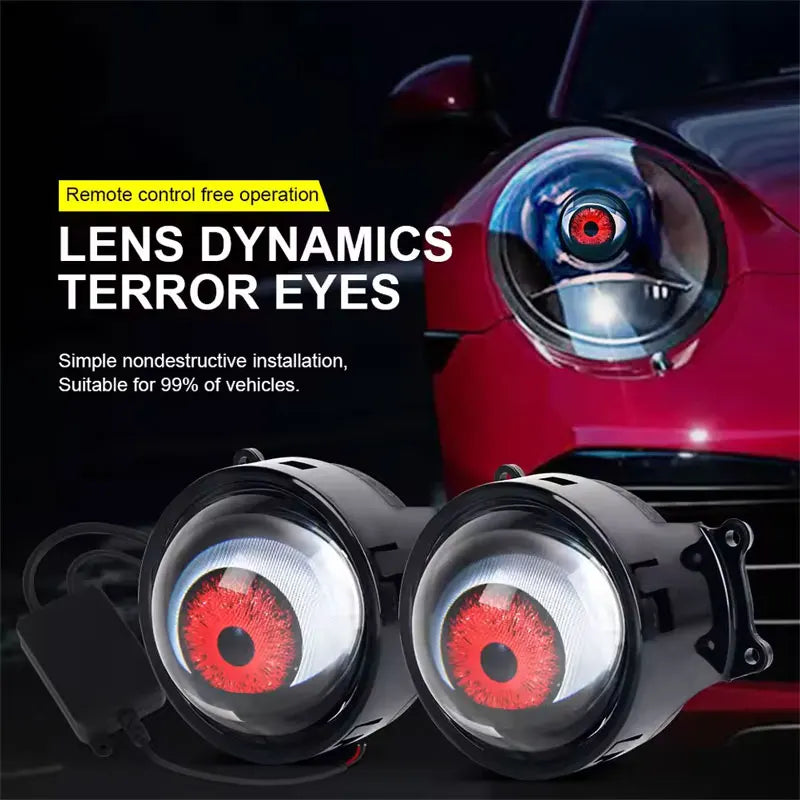 A pair of red devil eye LED headlights for vehicle modification.