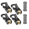 Four heavy-duty paracord tensioners with alloy carabiners shown in various configurations and bundled form.