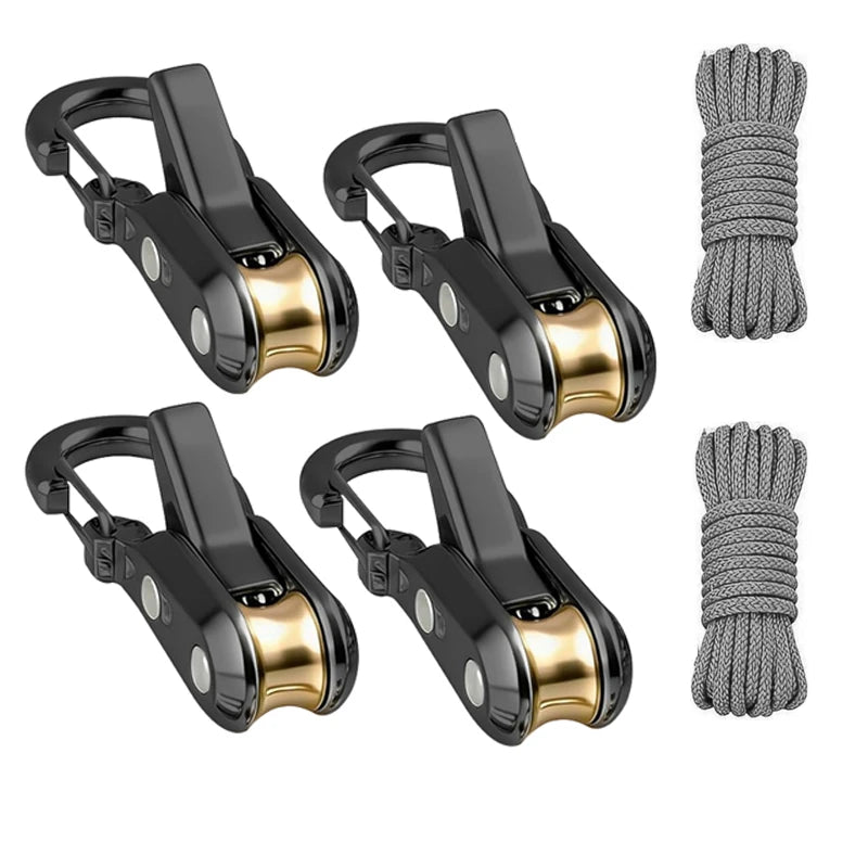 Four heavy-duty paracord tensioners with alloy carabiners shown in various configurations and bundled form.