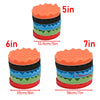 A set of five foam polishing pads in orange, black, blue, green, and red, shown with their respective dimensions.