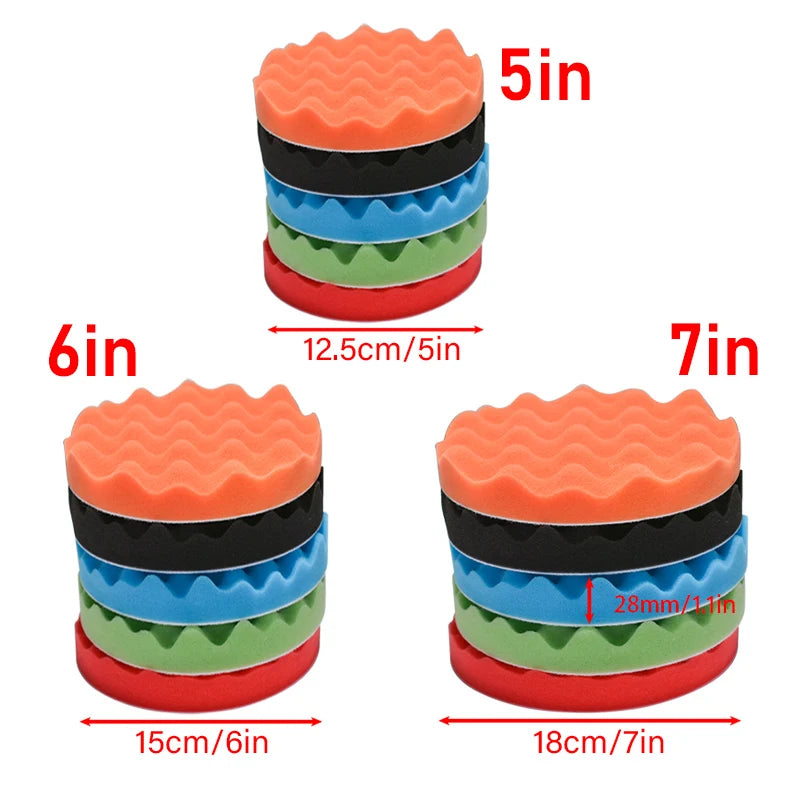 A set of five foam polishing pads in orange, black, blue, green, and red, shown with their respective dimensions.