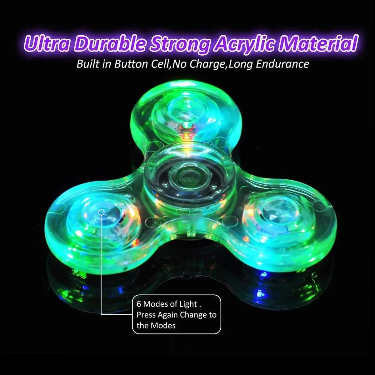 A clear, glowing green LED fidget spinner with multiple modes of light.