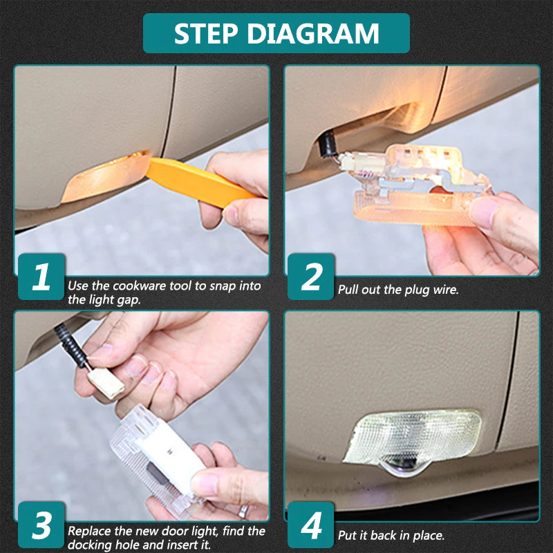 Step diagram showing how to install an LED car door logo projector light in a Toyota 4Runner.