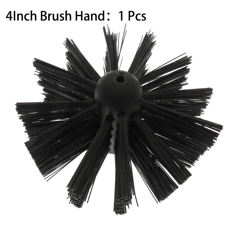 A black 4 inch brush hand with multiple stiff bristles for cleaning chimney and dryer vents.