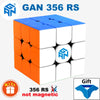 A blue and orange GAN 356 RS speed cube shown from above, with a gift tag and text indicating it is not magnetic.