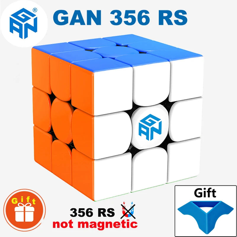 A blue and orange GAN 356 RS speed cube shown from above, with a gift tag and text indicating it is not magnetic.