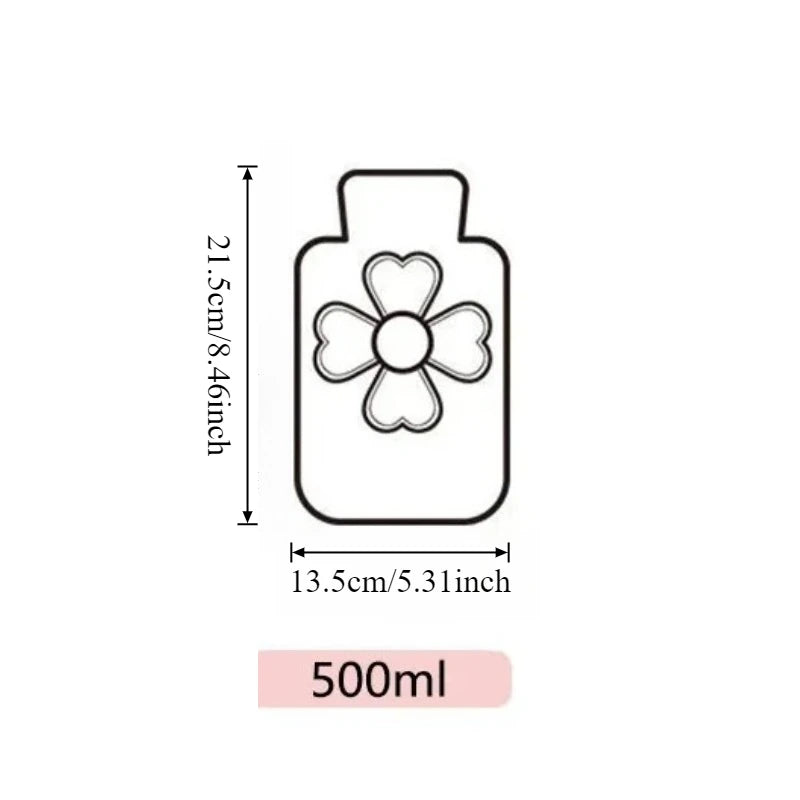 Outline drawing of a 500ml plush-covered hot water bottle with a soft cover.