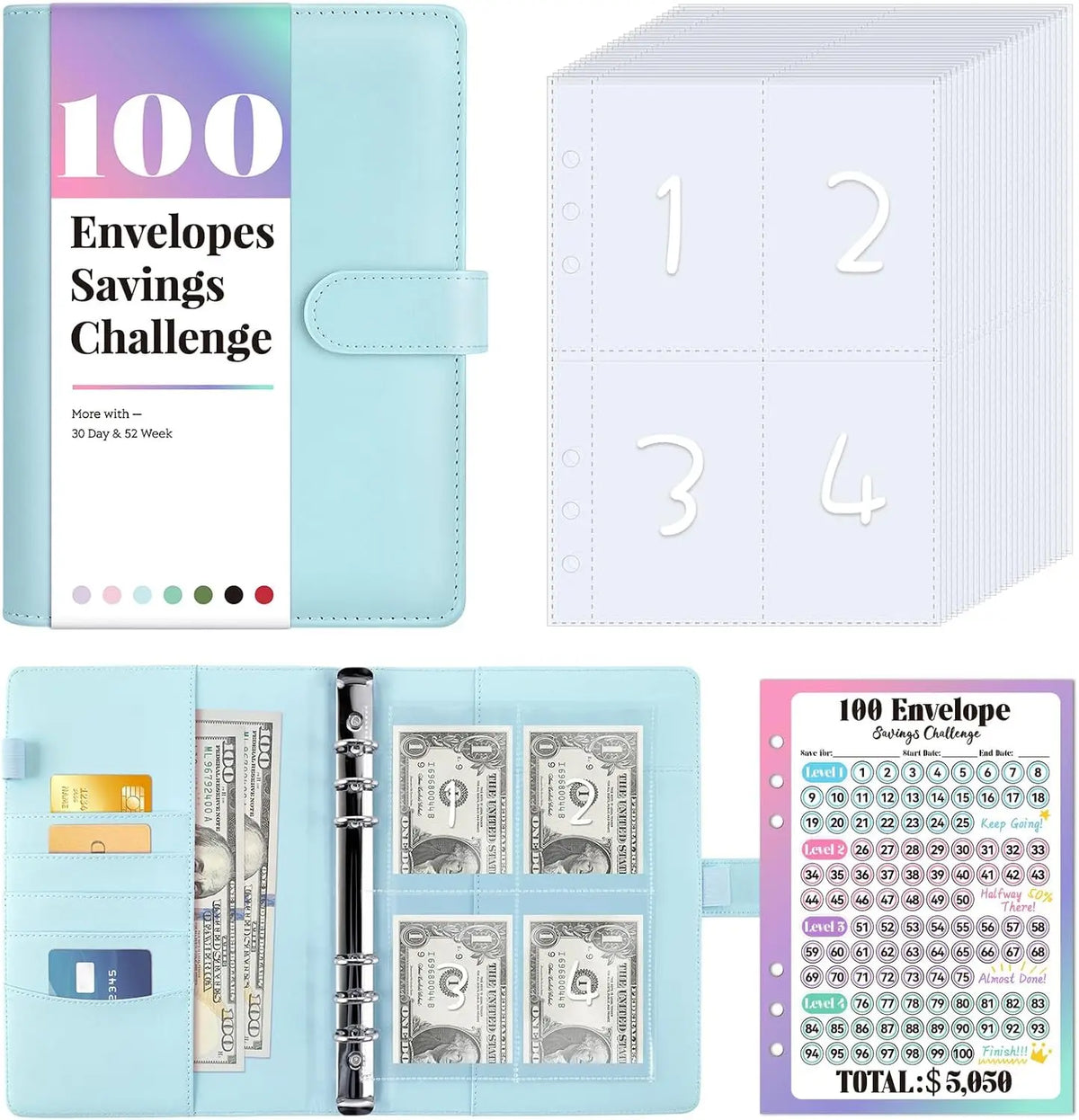 Un classeur bleu clair pour un défi d'épargne de 100 enveloppes, montrant diverses enveloppes et montants d'argent.