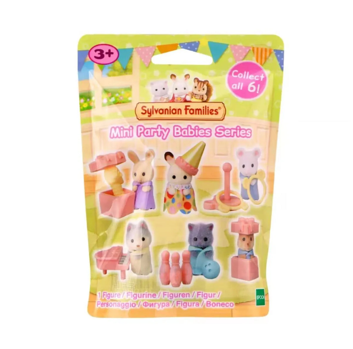 A package of Sylvanian Families Mini Party Babies Series figures and food accessories for play