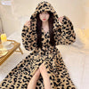 Women's Leopard Print Hooded Flannel Bathrobe
