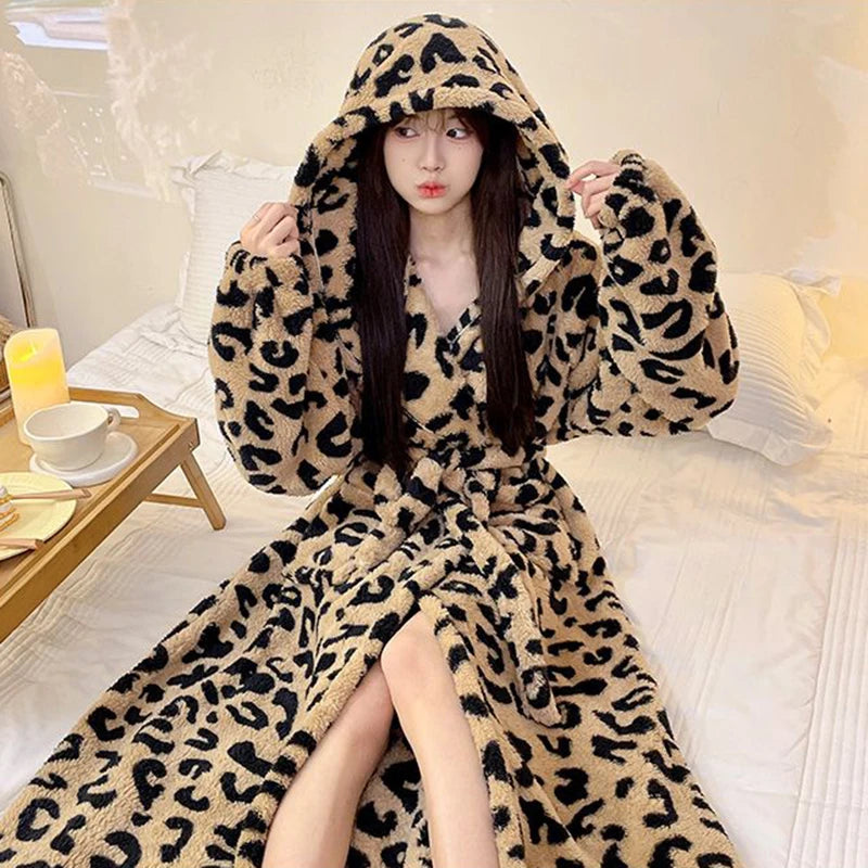 Women's Leopard Print Hooded Flannel Bathrobe