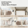 Various clothing items are displayed hanging on a retractable clothesline in different indoor settings like a bedroom, bathro