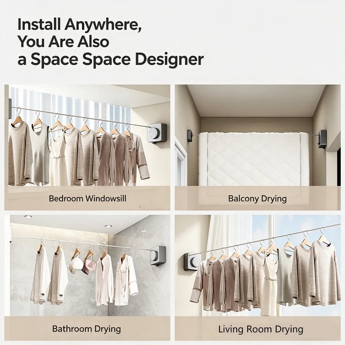 Various clothing items are displayed hanging on a retractable clothesline in different indoor settings like a bedroom, bathro