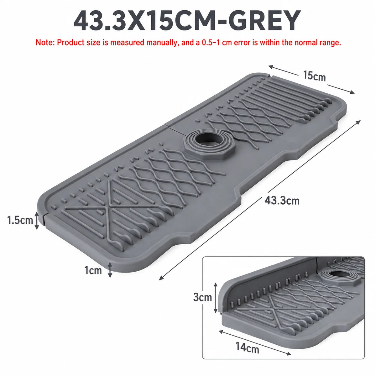 Grey silicone faucet mat with a sloped design and textured surface for sink protection