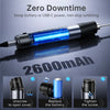 A blue cordless soldering iron with a cylindrical battery and tip, shown next to instructions for use.
