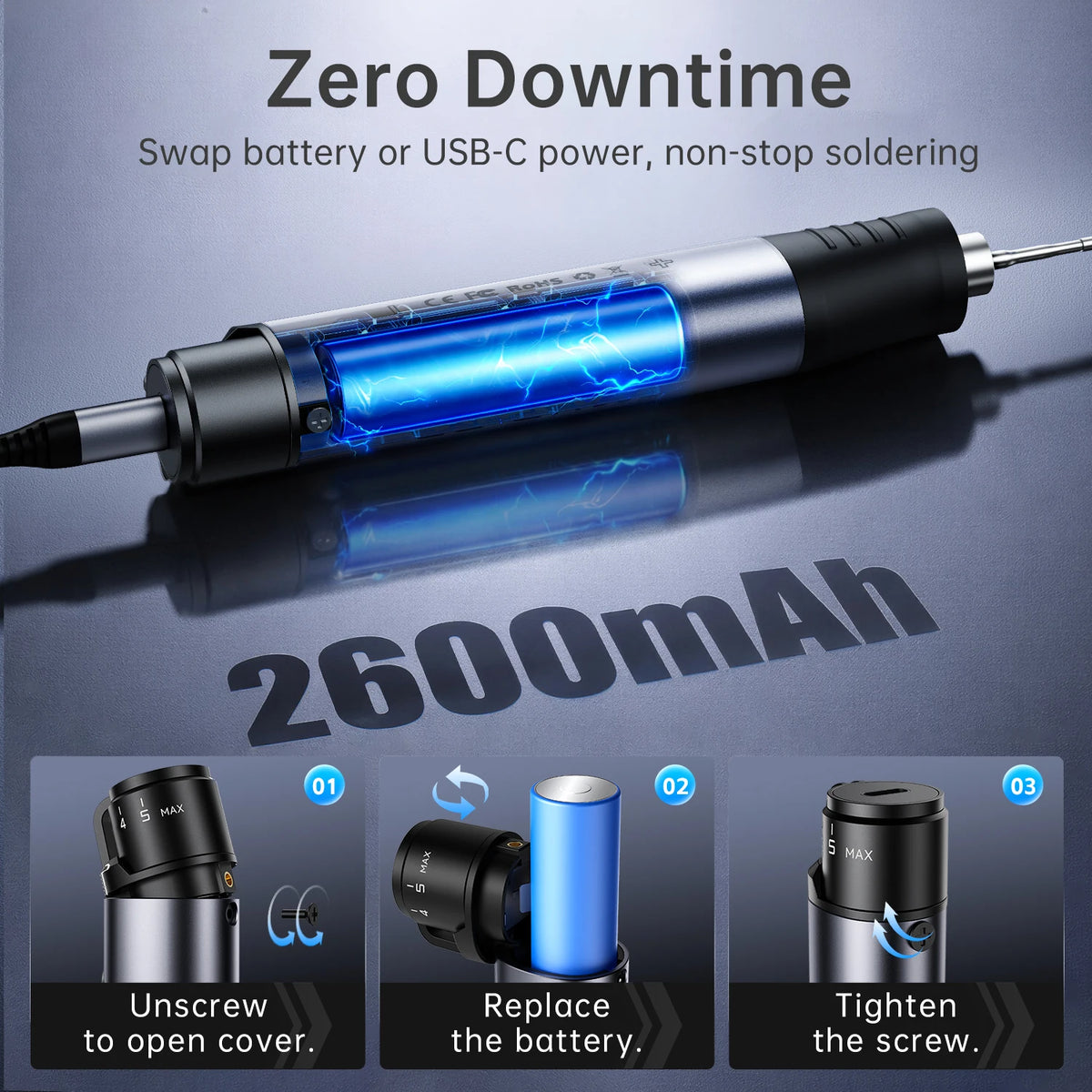 A blue cordless soldering iron with a cylindrical battery and tip, shown next to instructions for use.