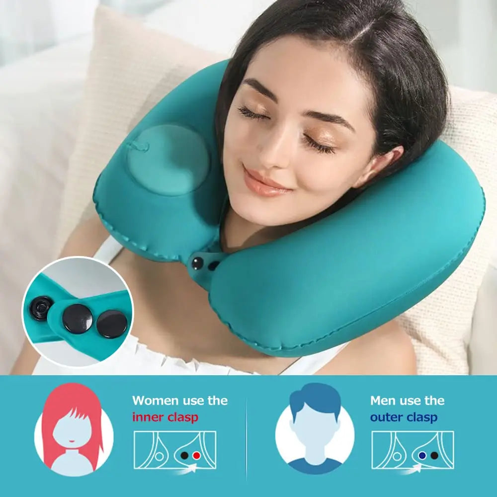 A woman is using a teal self-inflating travel neck pillow, showing how women use the inner clasp and men use the outer clasp.