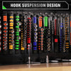 A display of hook suspension design socket organizer rails in various colors like orange, yellow, green, blue, and black.