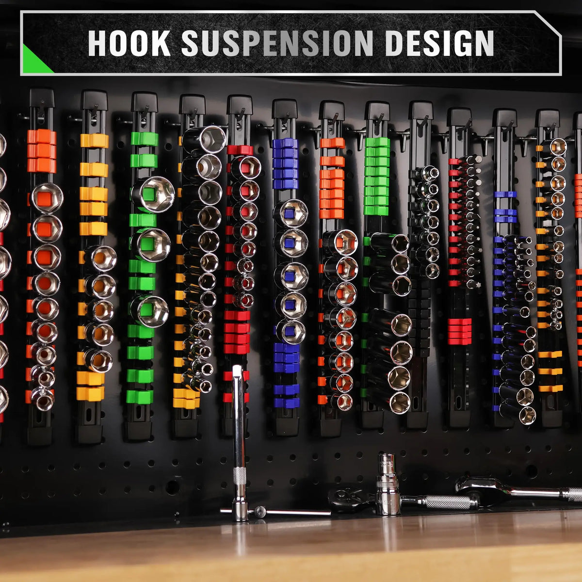 A display of hook suspension design socket organizer rails in various colors like orange, yellow, green, blue, and black.