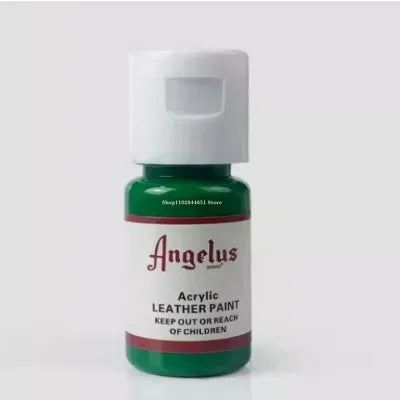 Green bottle of Angelus Acrylic Leather Paint with a white cap and label for keeping out of reach of children