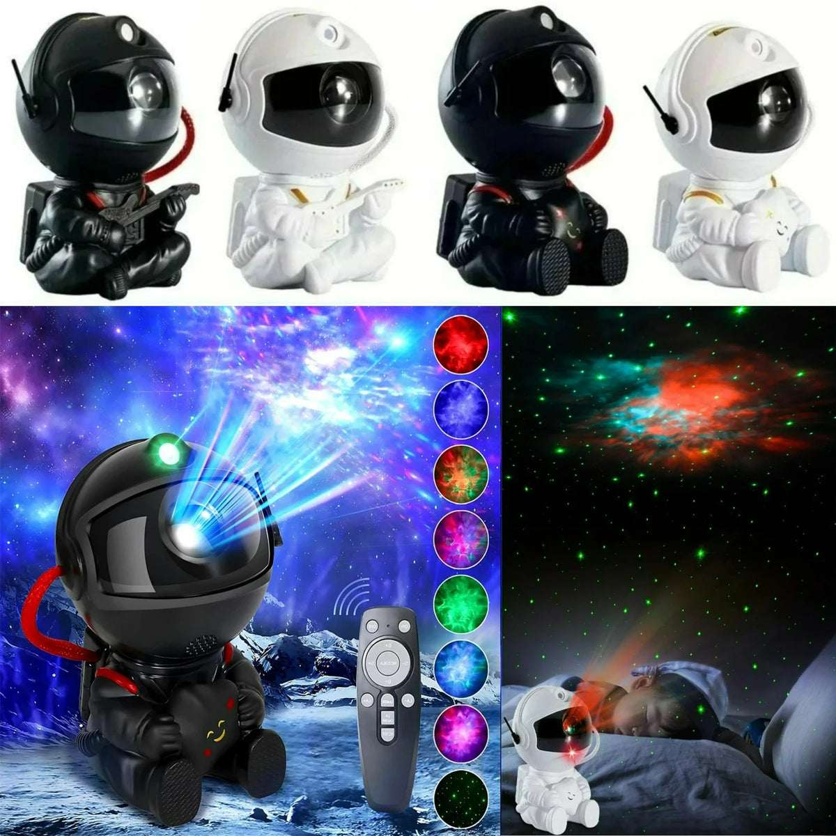 A set of astronaut night lights and a projector displaying colorful galaxy stars on a dark background.