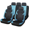 A set of black and light blue honeycomb mesh car seat covers shown from above.