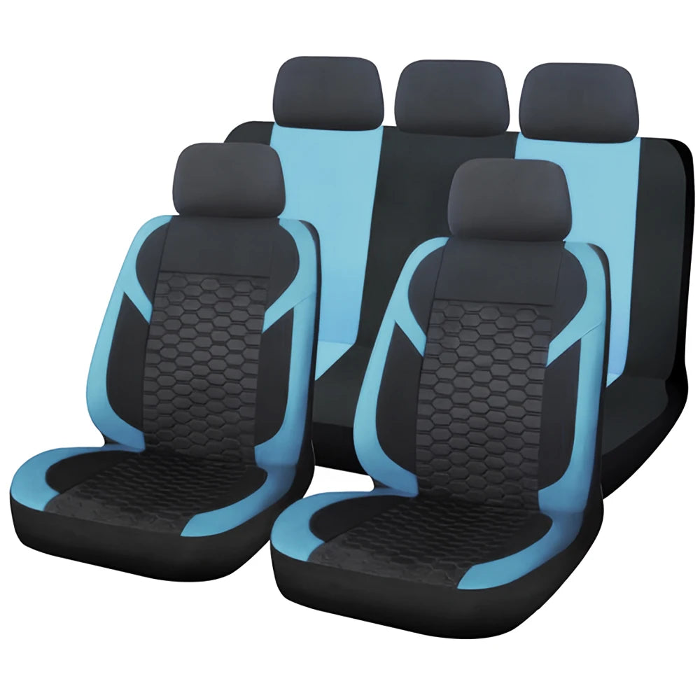 A set of black and light blue honeycomb mesh car seat covers shown from above.