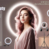 A woman is shown next to various adjustable ring lights mounted on tripods, demonstrating lighting for live streams.