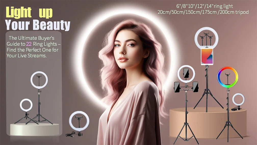 A woman is shown next to various adjustable ring lights mounted on tripods, demonstrating lighting for live streams.