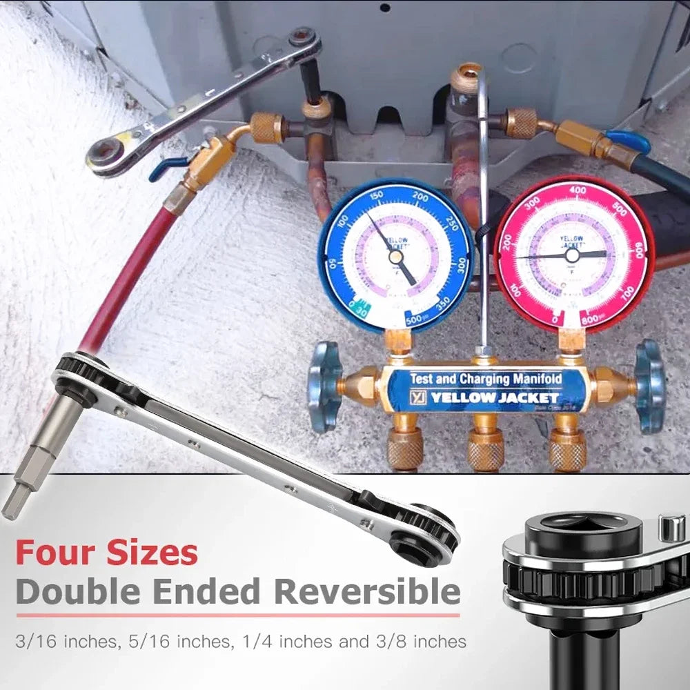 Double-Ended Ratchet Wrench for Refrigeration Valves – 4 Size Options
