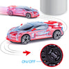 A red police car toy with lights and sounds is shown in various angles, including a close-up of the power switch.