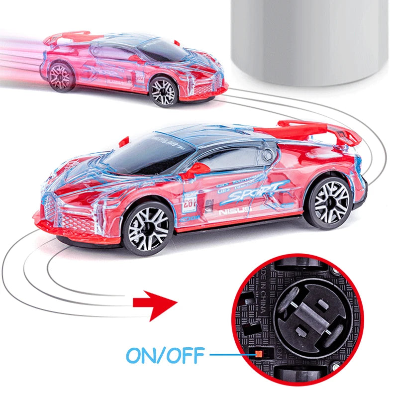 A red police car toy with lights and sounds is shown in various angles, including a close-up of the power switch.