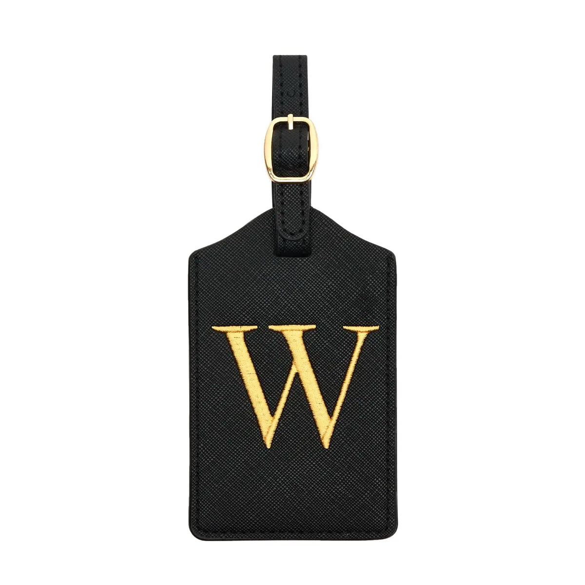 Black PU leather luggage tag with a gold letter W and a metal ring for attachment