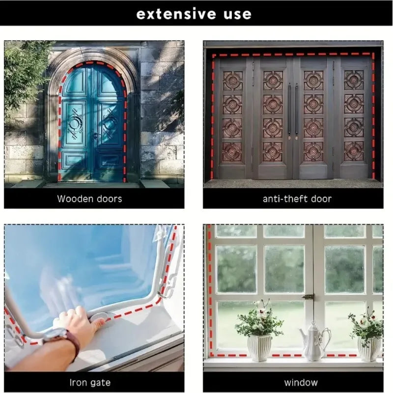 Various examples of self-adhesive D-shape weather stripping seals used on wooden doors, anti-theft doors, iron gates, and win