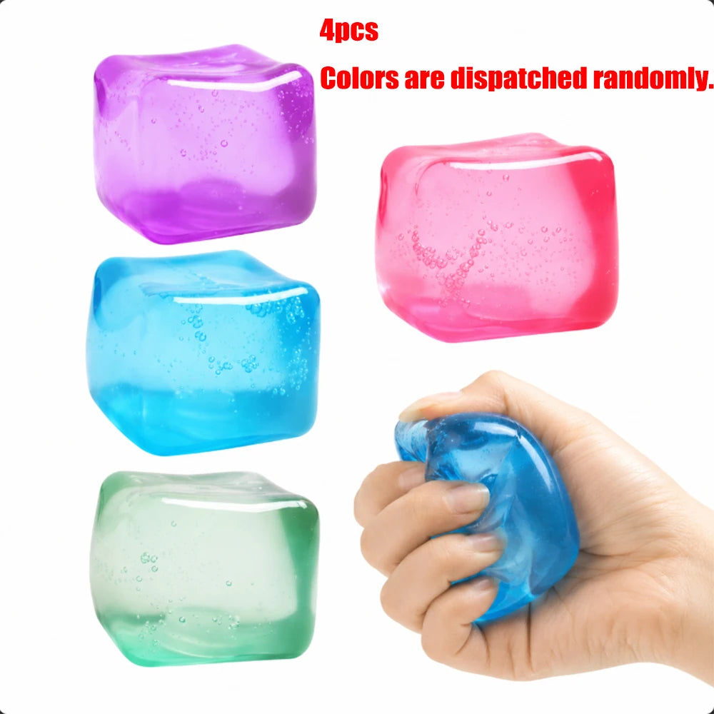 Four colorful squishy stress cubes are shown, with one cube being held in a hand.