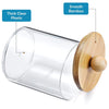 Clear plastic bathroom storage cylinder with a bamboo lid.