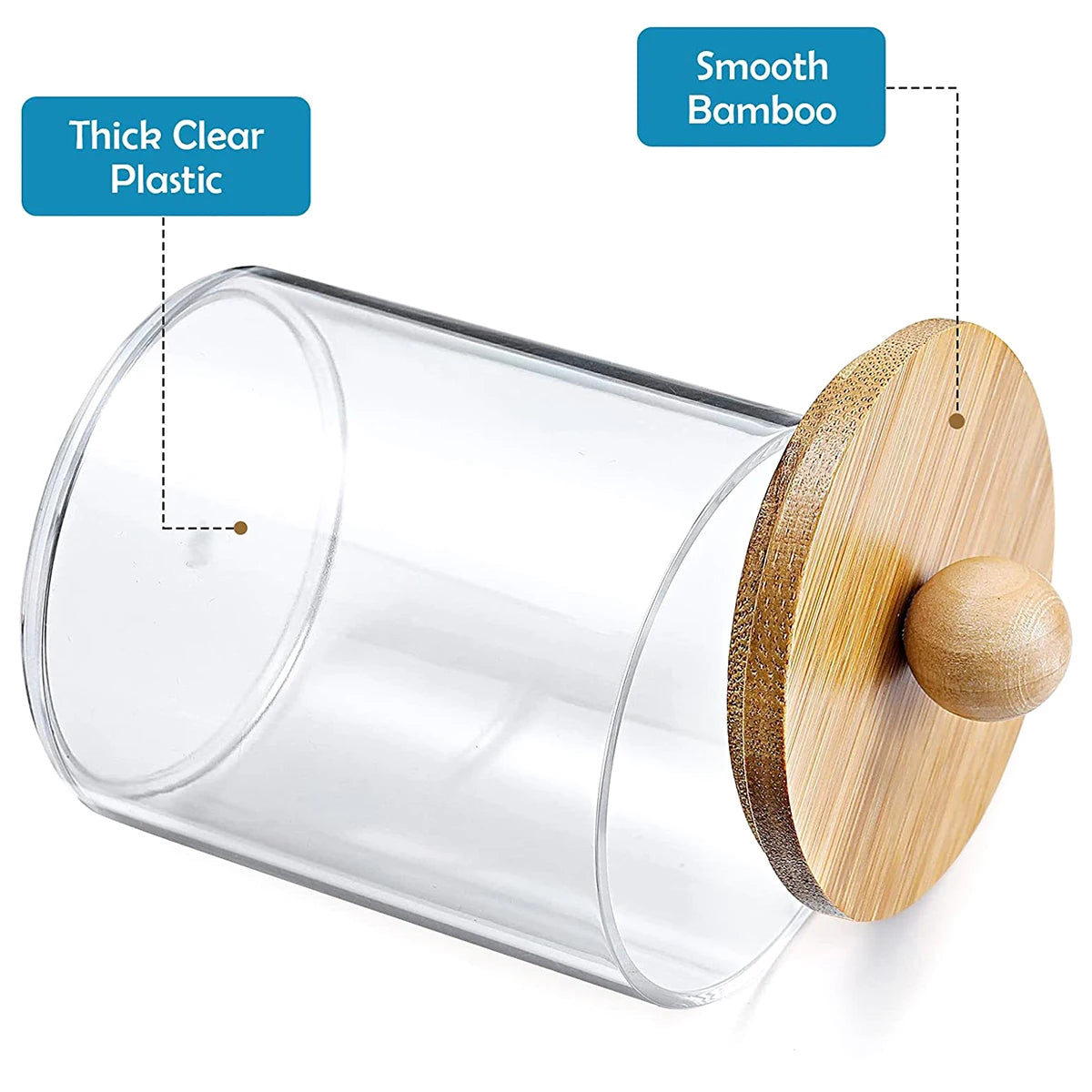 Clear plastic bathroom storage cylinder with a bamboo lid.