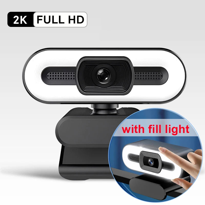 A black 2K Full HD webcam with a built-in fill light and microphone mounted on a stand.