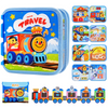 A blue fabric travel bag featuring a train design with various educational activities and animal figures for toddlers.