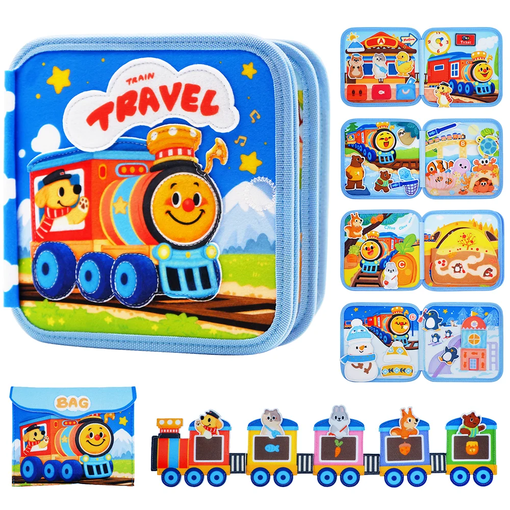 A blue fabric travel bag featuring a train design with various educational activities and animal figures for toddlers.