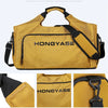 A yellow duffel bag featuring the brand name HONGYASE, shown in various angles.
