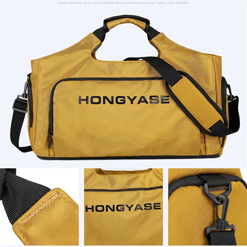 A yellow duffel bag featuring the brand name HONGYASE, shown in various angles.