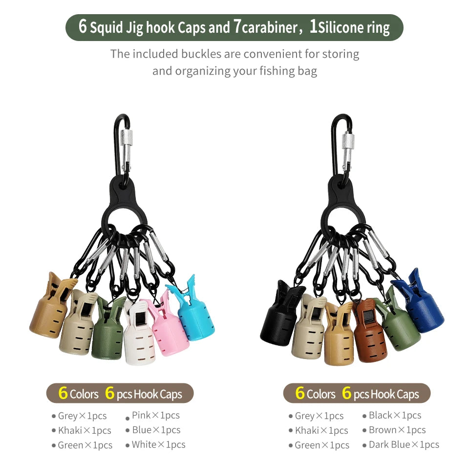 A set of 6 Squid Jig hook caps and 7 carabiners with silicone rings in various colors for organizing fishing gear.